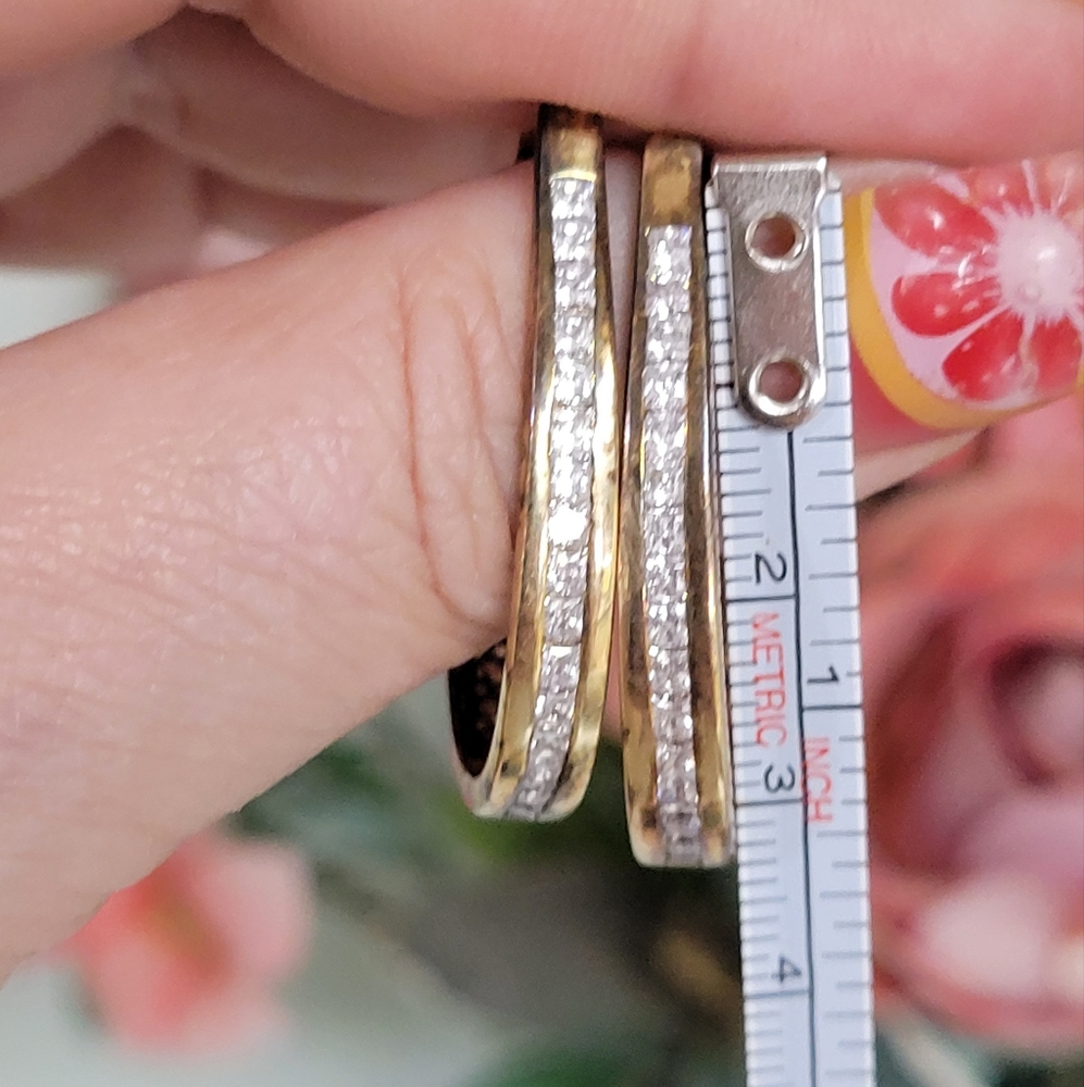 VINTAGE EUC 18KGOLD /.925 STERLING SILVER CZ HINGED HOOP EARRINGS